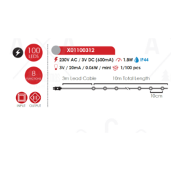 ACA LIGHTING CHRISTMAS X01100312 100 LED STRING LIGHTS RGBY SILVER COPPER WIRE ADAPTOR(3VDC) & 8 FUNCTIONS IP44 10m+3m 1.8W - Image 2