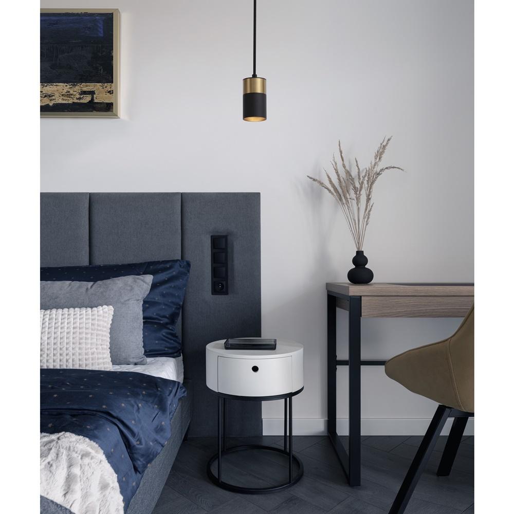 White,Bedside,Table,In,Bedroom,With,Cozy,Bed,And,Wooden