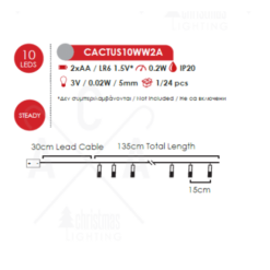 ACA LIGHTING CHRISTMAS CACTUS10WW2A “METAL STRING LIGHTS (CACTUS)” 10 LED STRING LIGHTS WITH BATTERIES (2xΑΑ) WARM WHITE IP20 135+30cm TRANSPARENT CABLE - Image 2