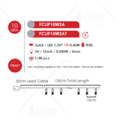 ACA LIGHTING CHRISTMAS FCLIP10W2A "PLASTIC CLIPS", 10 LED STRING LIGHTS WITH BATTERIES (3xAA), COOL WHITE, IP20, 135+30cm TRANSPARENT LEAD CABLE - Image 2