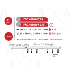 ACA LIGHTING CHRISTMAS FPCAR10WW2AT "PLASTIC CAR", 10 LED STRING LIGHTS WITH BATTERIES (3xAA) & TIMER (6ON/18OFF), WARM WHITE, IP20, 135+30cm TRANSPARENT LEAD CABLE - Image 2